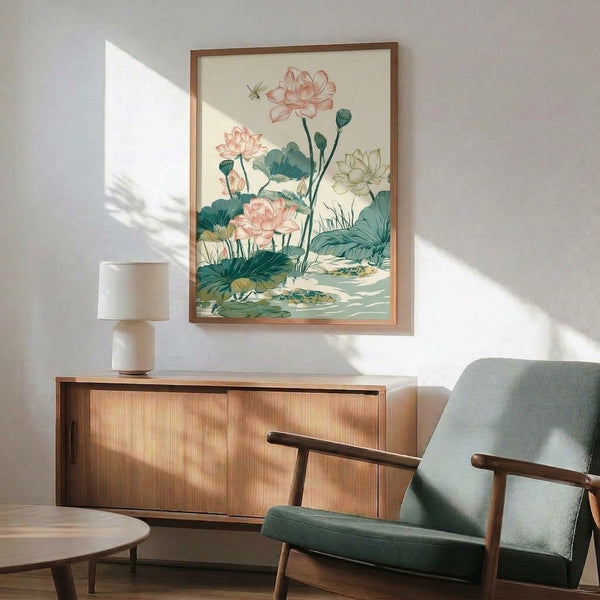 Peaceful botanical art print in Japandi style depicting a tranquil pond scene with pink lotus blooms, swimming koi, and a dragonfly hovering over green lily pads in soft cream and teal tones.