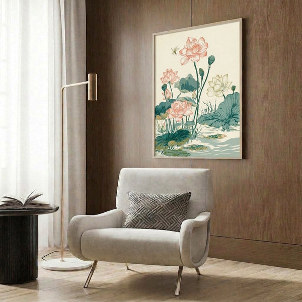Contemplative nature wall art showcasing an elegant water garden with pink lotus flowers, graceful koi fish, and delicate dragonfly amid sage green foliage, rendered in vintage Japandi aesthetic with warm gold details.