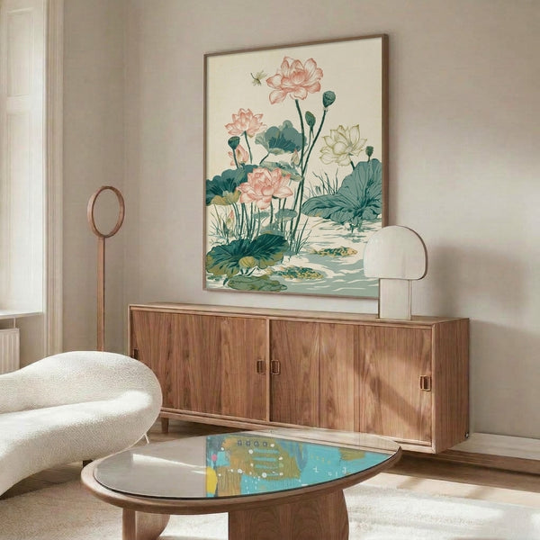 Tranquil framed poster of a lotus pond in muted blush pink, sage green, and teal, featuring swimming koi and dragonfly in a serene Japandi botanical composition with cream and gold highlights.