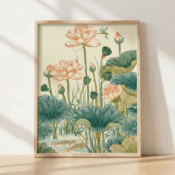 Serene watercolor painting of a lotus pond with coral pink blooms, swimming koi fish, and a dragonfly among sage green pads and teal water, framed on a wall.
