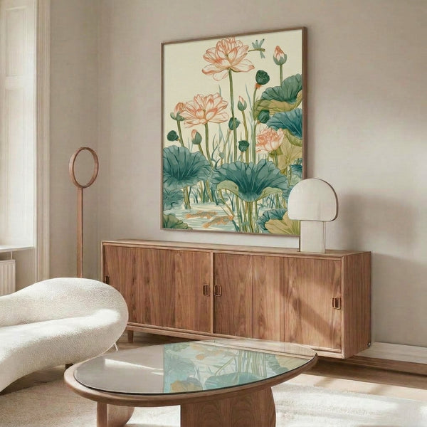 Art Nouveau-inspired watercolor print featuring graceful lotus flowers in warm ochre and pink tones, with koi and a dragonfly floating among cream and sage foliage.