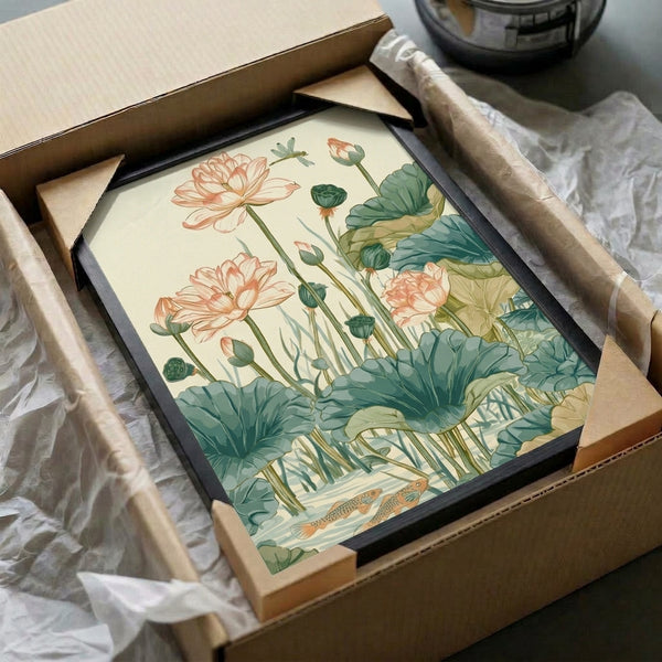 Framed watercolor poster of a serene lotus pond with coral and ochre flowers, swimming koi, and a dragonfly, rendered in soft sage green and teal tones.