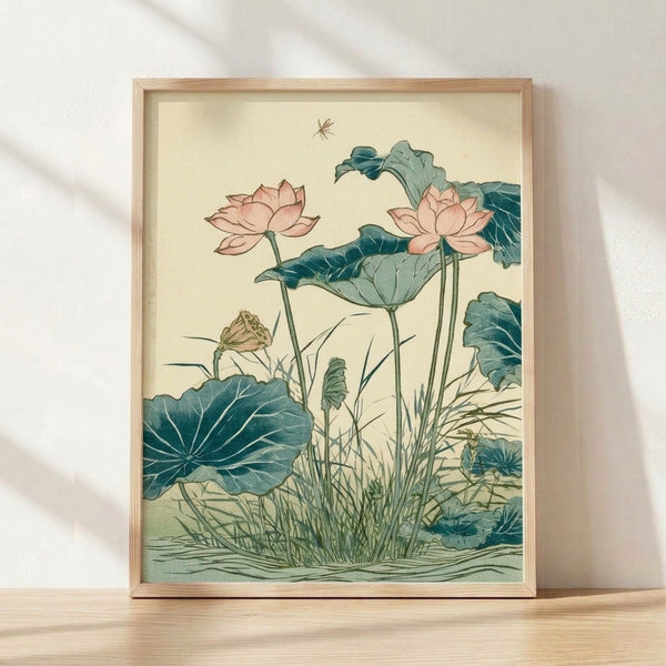 Serene vintage Japanese woodblock-style poster depicting a dragonfly hovering over lotus flowers and leaves in a tranquil pond, rendered in soft cream, teal, pale pink, and sage green tones.
