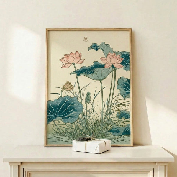 Contemplative botanical art print showing delicate lotus blossoms with a dragonfly in muted cream and teal hues, inspired by traditional Japanese woodblock aesthetics and naturalistic water garden imagery.