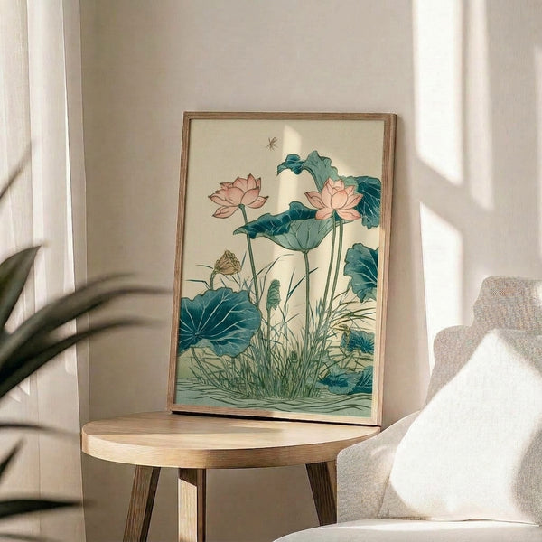 Framed vintage-style botanical poster featuring a graceful dragonfly among floating lotus flowers and water plants in a serene composition of soft cream, pale pink, and sage green.