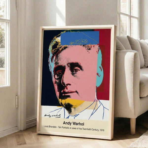 Vibrant Warhol-inspired portrait artwork in red and black tones, capturing an iconic historical figure with pop art flair, displayed as a framed print.