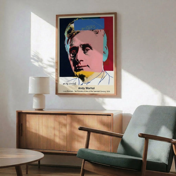 Framed pop art portrait in Warhol's iconic technique, showcasing bold color blocking in red, cream, and grey with contemplative historical imagery.