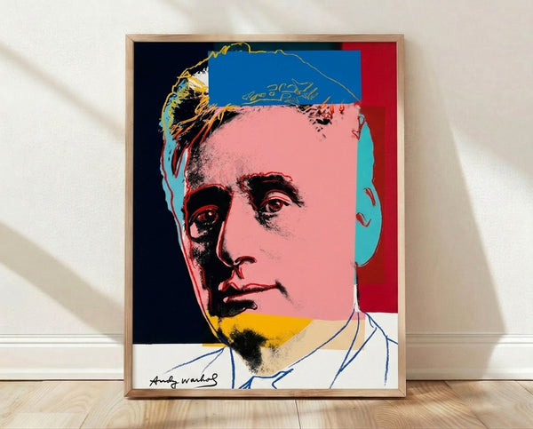 Pop art portrait of Louis Brandeis in vibrant colors, inspired by Warhol's iconic style, framed poster celebrating twentieth century Jewish figures.