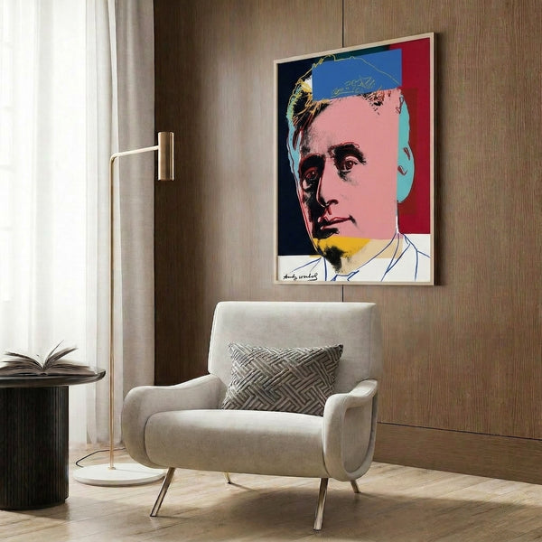Bold, graphic portrait of Louis Brandeis in Andy Warhol's signature pop art palette, a museum-quality framed print celebrating twentieth century Jewish heritage.