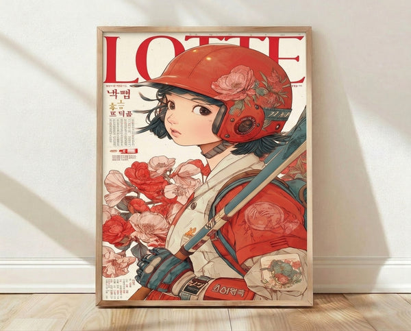 Framed anime poster featuring a bold woman in a motorcycle helmet surrounded by vibrant red peonies, rendered in vintage Showa style with art nouveau flourishes and a striking color palette of cream, teal, and black.