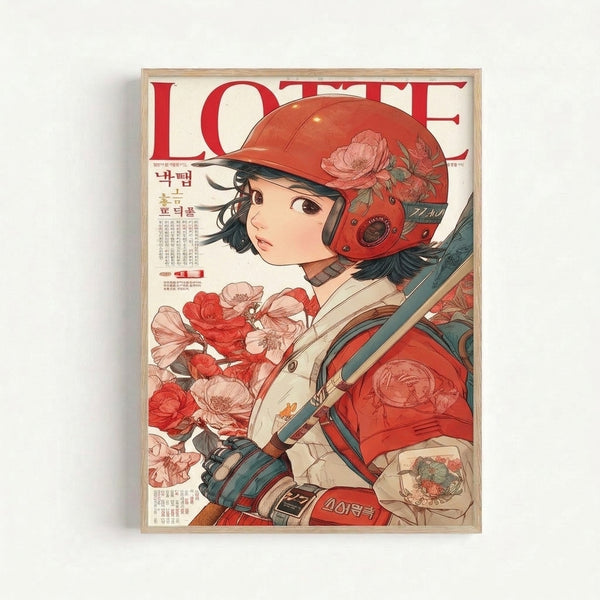 Retro anime magazine cover art depicting a confident woman with edgy femininity, adorned with flowing flowers and vintage typography, framed as a wall poster in warm reds and soft pinks.
