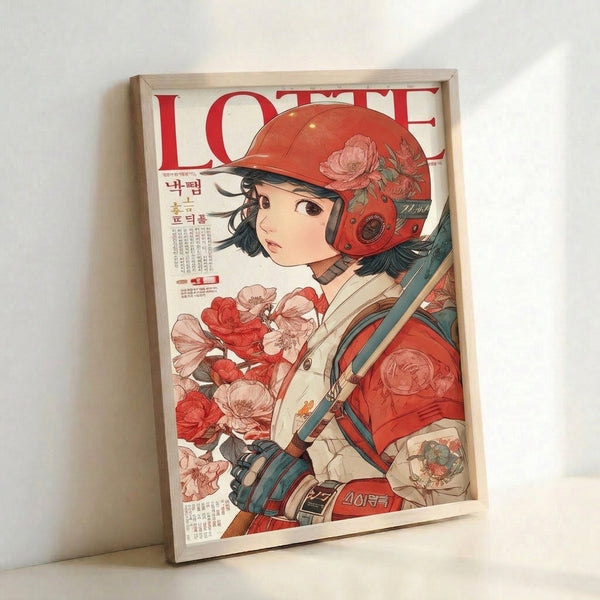 Vintage-inspired anime poster of a woman in a helmet amid romantic peony blooms, blending art nouveau curves with Showa-era boldness in a moody palette of teal, cream, and deep red.