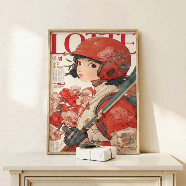 Framed retro anime artwork showcasing a fierce woman surrounded by lush flowers and graphic typography, combining romantic florals with edgy style in vibrant reds and jewel tones.