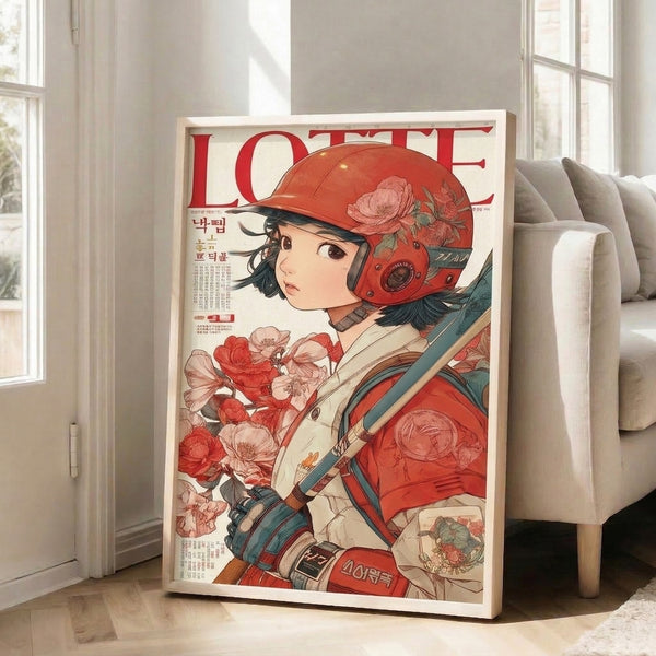 Showa-period anime poster art featuring a helmeted woman amid peonies and art nouveau design elements, creating bold romantic energy through rich teal, pink, and cream tones.