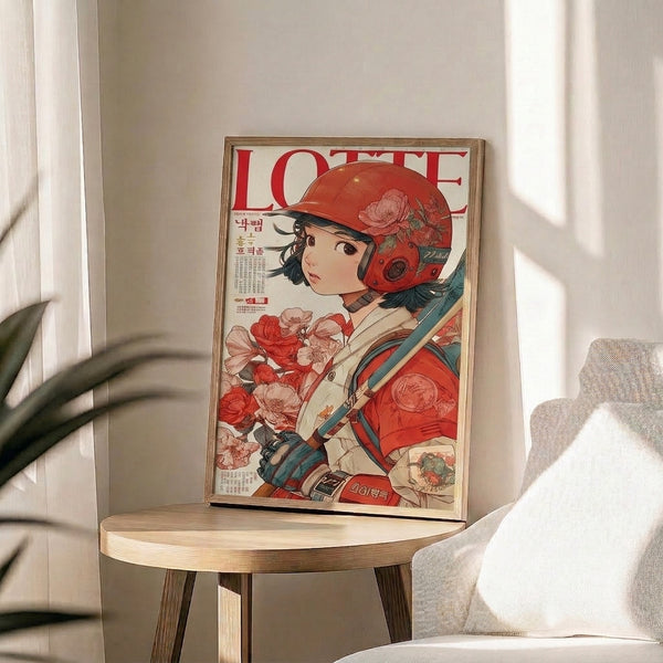 Vintage magazine cover-style anime poster of a confident woman with flowers and graphic elements, rendered in romantic yet edgy aesthetic with striking black, red, and teal contrasts.