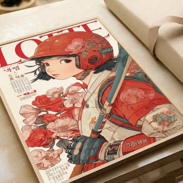 Retro anime wall art blending Showa style with art nouveau typography around a woman in a helmet, surrounded by romantic peonies in a bold palette of cream, pink, and deep teal.