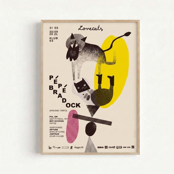 Modern retro art print displaying a stylized cat face composed of bold geometric forms in black, cream, and accent colors in a minimalist Bauhaus design.