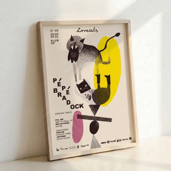Playful geometric cat illustration in black and cream with pops of yellow and pink, rendered in a mid-century modern Bauhaus aesthetic as a framed wall poster.