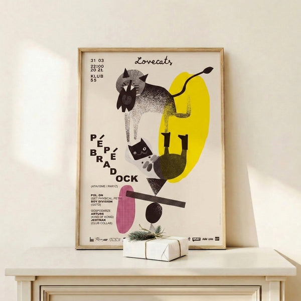 Abstract cat face artwork with sharp geometric elements and a retro color palette of cream, gray, black, and pink, framed in a contemporary Bauhaus style.