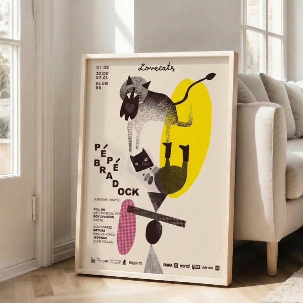 Energetic Bauhaus poster art showing an abstracted feline visage using bold black lines, geometric shapes, and warm cream and yellow tones with pink accents.