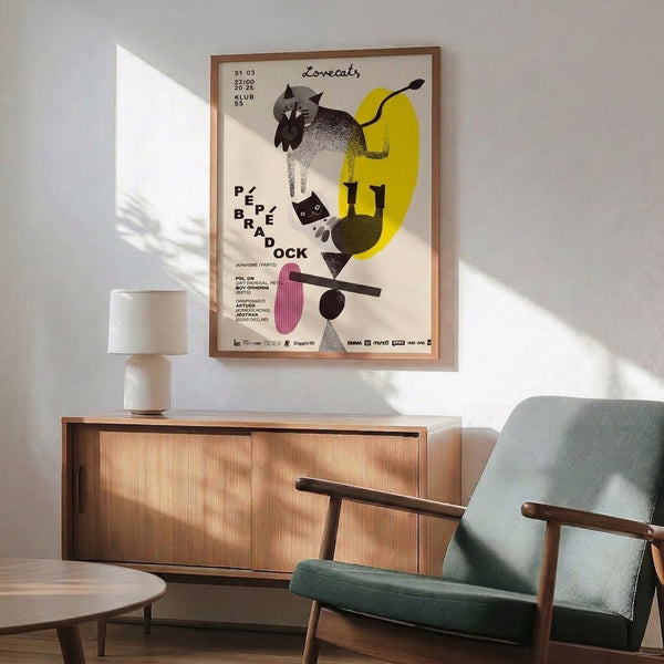 Retro modern art print of a cat rendered through geometric abstraction with a sophisticated palette of cream, black, gray, and vibrant yellow and pink highlights.