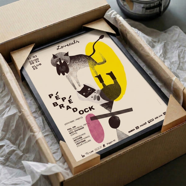 Contemporary framed Bauhaus poster featuring a playful cat portrait deconstructed into clean geometric forms with a striking mix of cream, black, and colorful accents.