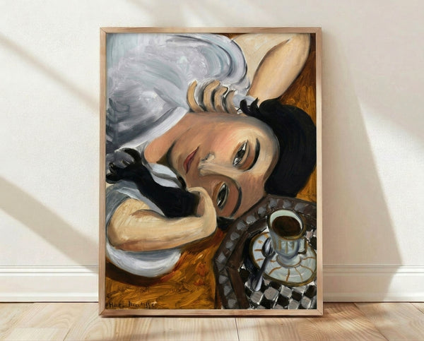 Matisse-inspired framed poster of a woman holding a cup of coffee in minimalist modern style with soft, warm earth tones and loose brushwork.
