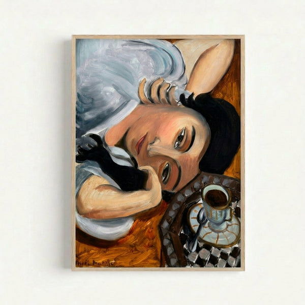 Modern art print featuring a serene figure with a coffee cup, rendered in the style of Henri Matisse with simplified forms and a calming color palette.