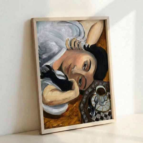 Framed minimalist poster depicting a woman enjoying coffee, characterized by bold contours and muted tones in the manner of Matisse's cut-out aesthetic.