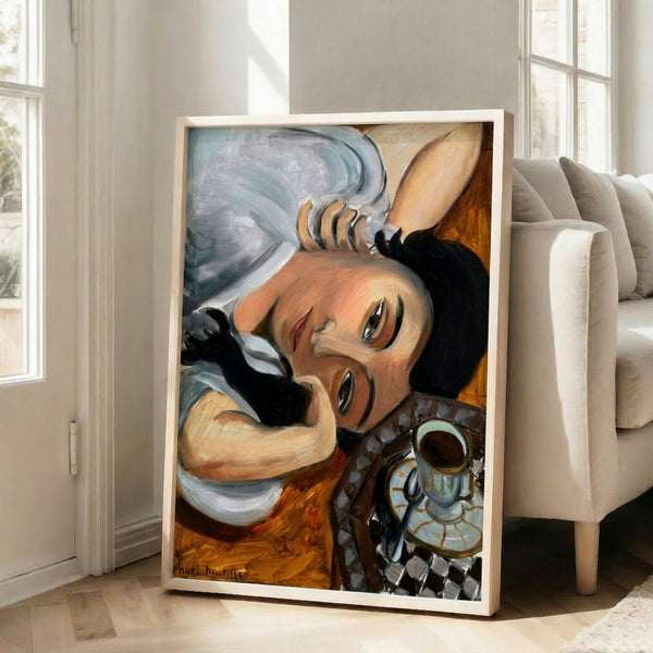 Contemporary wall art print showing a relaxed figure cradling a coffee cup, executed in abstract modern style with gentle curved lines and warm colors.