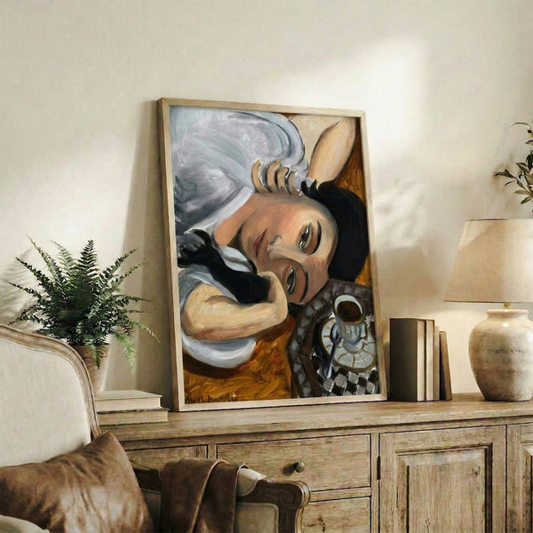 Minimalist framed artwork of a woman with coffee in a Matisse-influenced style, featuring soft organic shapes and a soothing neutral color scheme.