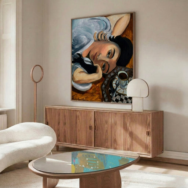Modern poster art displaying a contemplative figure holding a steaming cup of coffee, created with simplified forms and earthy tones in Matisse's decorative style.
