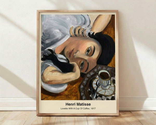 Modern minimalist art print featuring a woman with a coffee cup in ochre, blue, and red tones, evoking Henri Matisse's intimate and contemplative style.