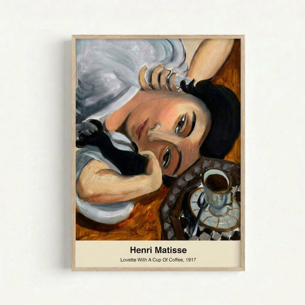 Framed poster of a woman holding a coffee cup rendered in vibrant Matisse-inspired colors including ochre, green, and cream against a minimalist composition.