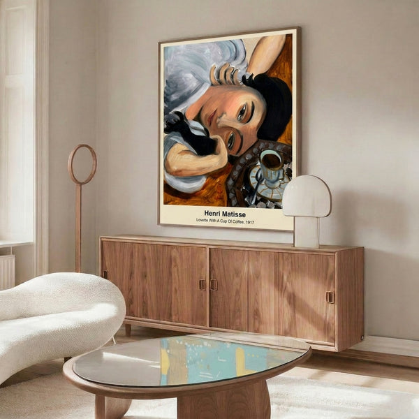 Minimalist art print showcasing a figure and coffee cup in contemplative mood, featuring Matisse's signature palette of ochre, blue, red, and cream.