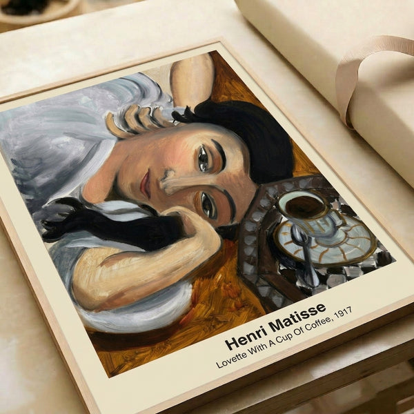 Modern poster art with a woman enjoying coffee in an interior setting, painted in vibrant Matisse-inspired colors of blue, ochre, green, and red.