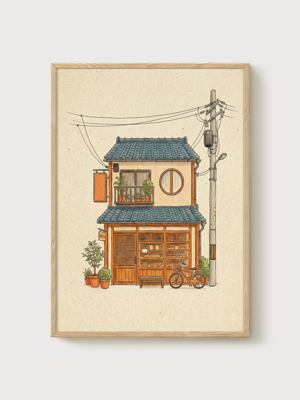 Japanese Bakery Print poster in oak frame