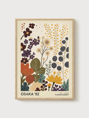 Osaka Flower Market Print poster in oak frame
