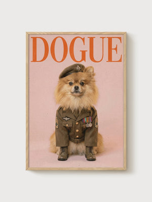 Pomeranian Military Dog Print poster in oak frame