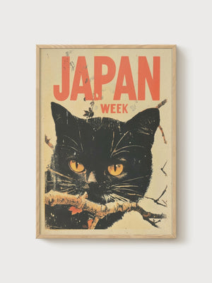 Japan Week Black Cat Poster poster in oak frame