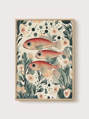Japanese Fish Print poster in oak frame