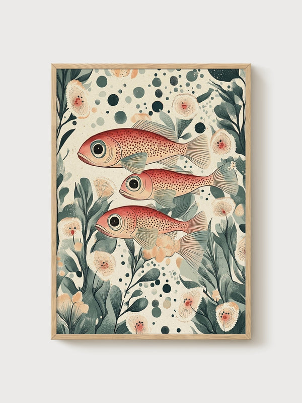 Japanese Fish Print poster in oak frame