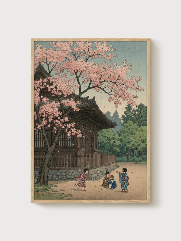 Japanese Temple Cherry Blossom Print poster in oak frame