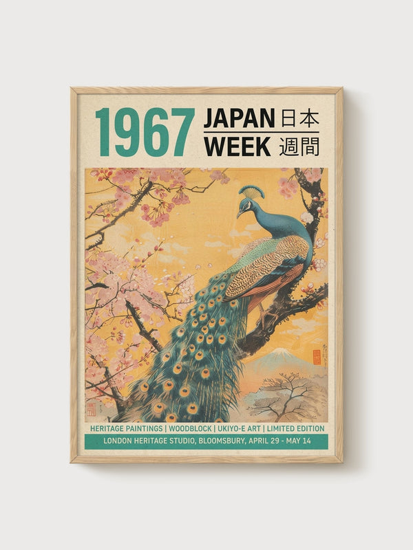 Japanese Peacock Print poster in oak frame