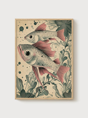 Vintage Fish Print poster in oak frame