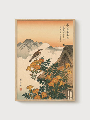 Woodblock Print poster in oak frame