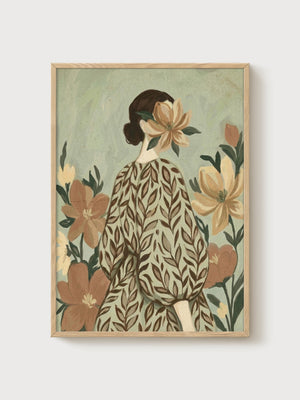 Vintage Botanical Woman Art Print poster in oak frame