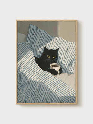 Black Cat Art Print poster in oak frame
