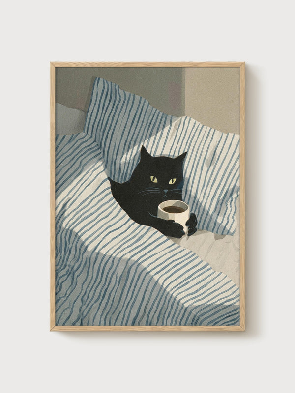Black Cat Art Print poster in oak frame