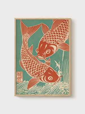 Japanese Koi Fish Print poster in oak frame